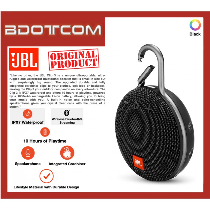 JBL CLIP 3 Black Built-In Carabiner IPX7 Waterproof Portable Bluetooth  Speaker