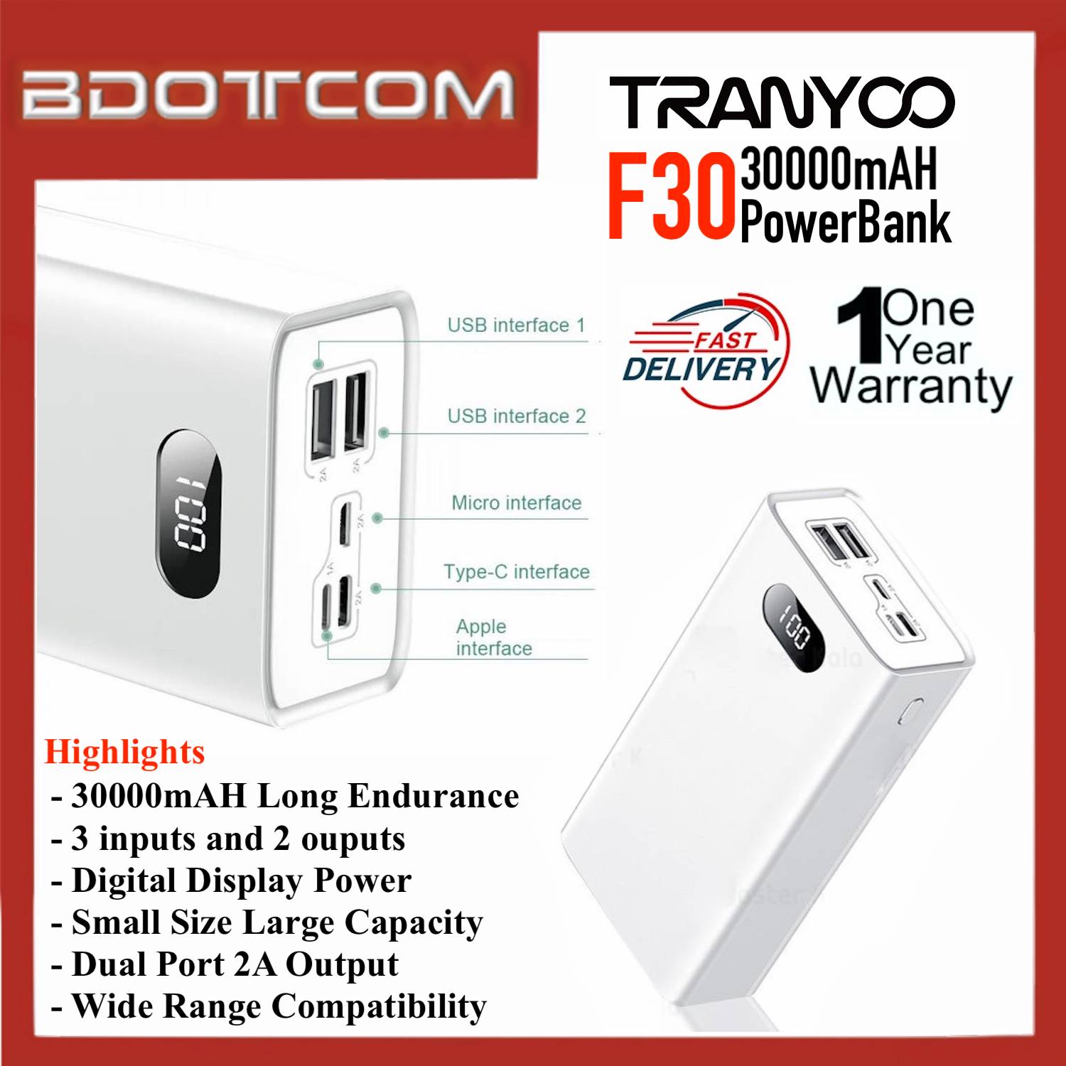 READY STOCK] Tranyoo F30 30000mAh Portable Power Bank Large ...
